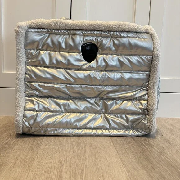 PAJAR Canada Metallic Silver Puffer Tote Bag Faux Shearling Trim Quilted Handbag - Picture 7 of 16